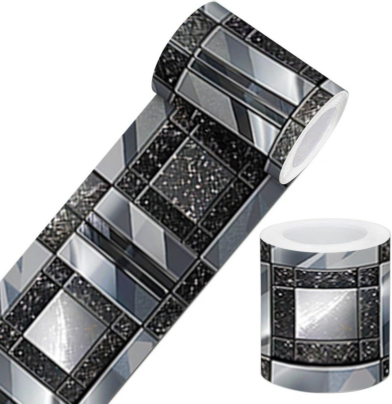 IVN Wallpaper Border Peel and Stick Wall Black and Silver Mosaic Decorative Wall Trim Self Adhesive Border for Walls Mirror Frame Accent Strip for Bedroom Kitchen LivingRoom 4x196 Inch - Image 1